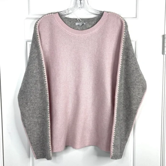 JOHNNY WAS CALME 100% Cashmere Color Block Waffle Sweater NEW Size M Pink Gray